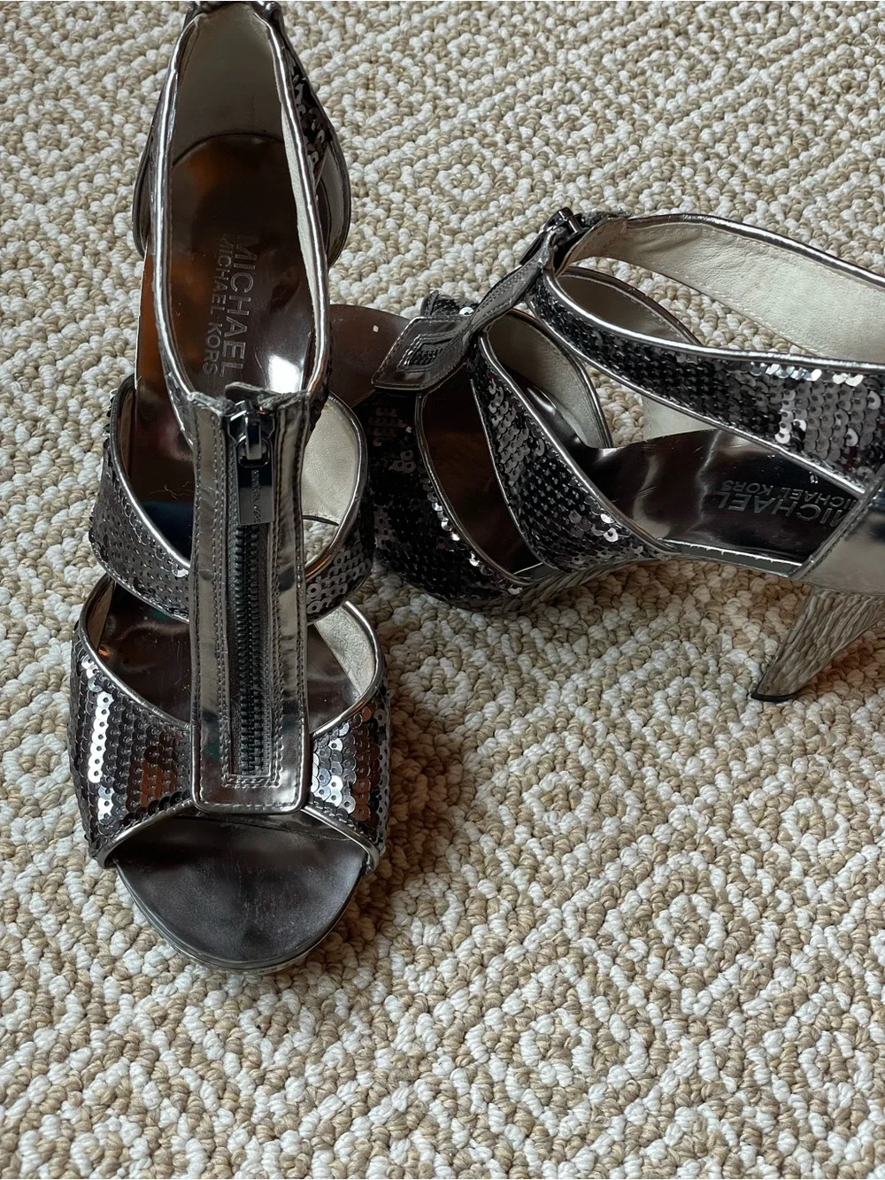 Michael Kors Berkley Sequin T-Strap Heels - Gunmetal Silver Size 9